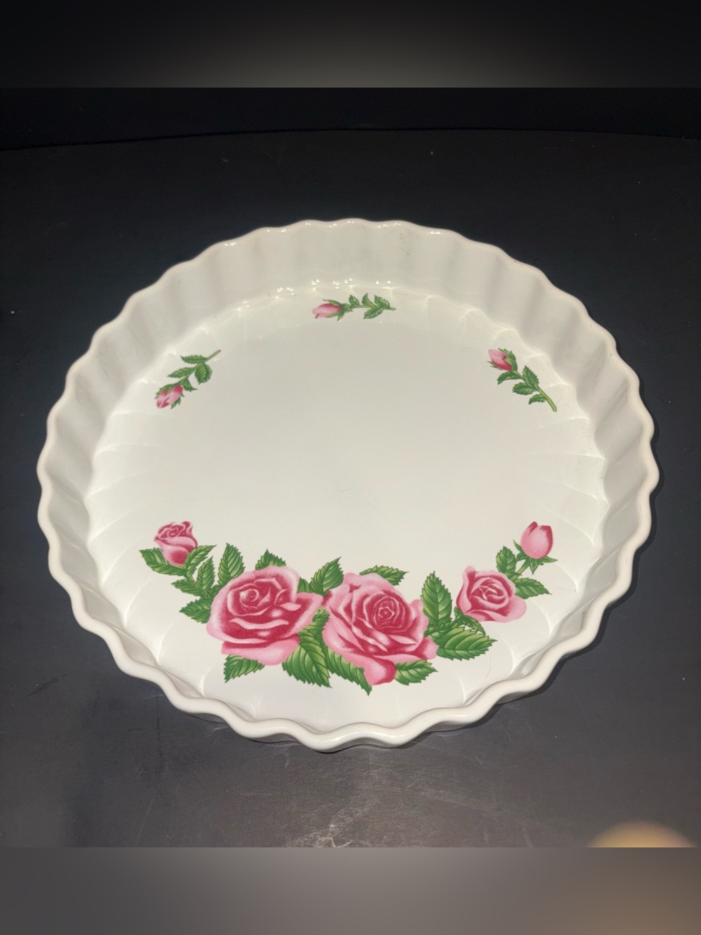 Vintage Christineholm Porcelain 9” Baking Dish Scalloped Pie Quiche Rose Pattern